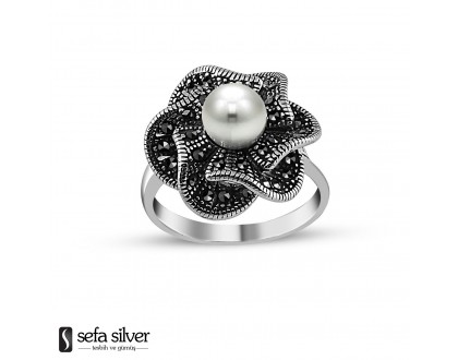 925 Ayar Gümüş İnci Taşlı Çiçek Yüzük Model 2