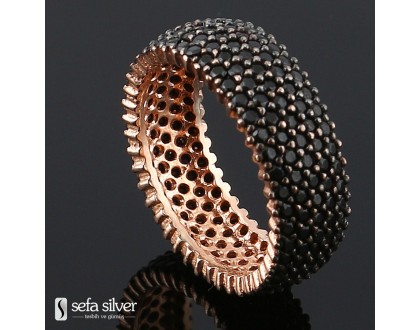 Beş Sıra Siyah Taşlı Roze Gümüş Yüzük