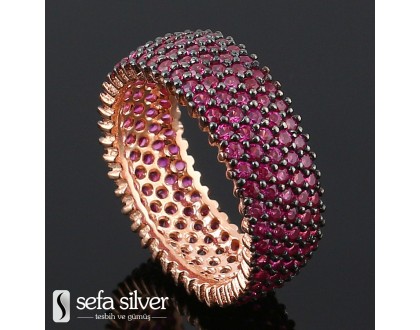 Kırmızı Taşlı Beş Sıra Gümüş Yüzük