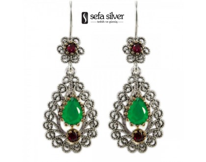 Yeşil Zümrüt Kök Yakutlu Asmalı Telkari Gümüş Küpe