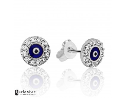 Zirkon Taşlı Nazar Boncuklu Gümüş Vidalı Küpe