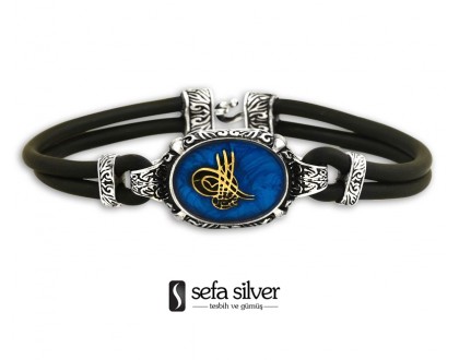 Deri Kordonlu Tuğralı Gümüş Bileklik