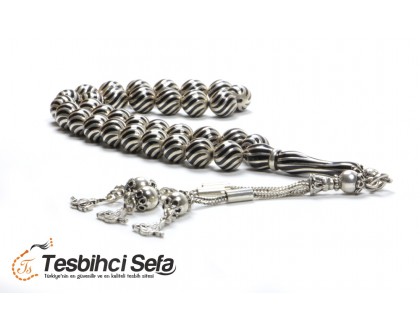 Küre Kesim Gümüş İşlemeli Oltu Tesbih