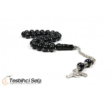 Özel Uçlu İşlemeli Siyah Oltu Tesbih