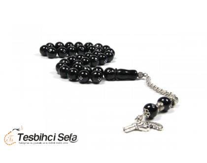 Özel Uçlu İşlemeli Siyah Oltu Tesbih